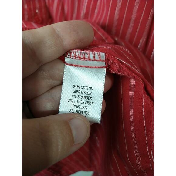 Croft &Barrow Red Silver Metallic Striped Long Sleeve Fitted Blouse. Size L - Picture 6 of 9